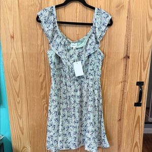 White & Blue Floral Ruffle Dress